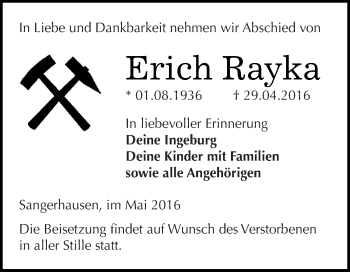 Traueranzeige von Erich Rayka von WVG - Wochenspiegel SGH