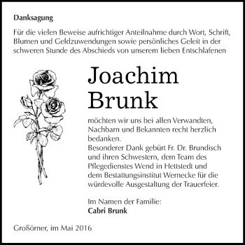 Traueranzeige von Joachim Brunk von Wochenspiegel Mansfelder Land