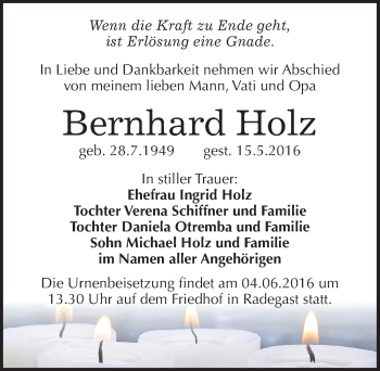 Traueranzeige von Bernhard Holz von Mitteldeutsche Zeitung Köthen