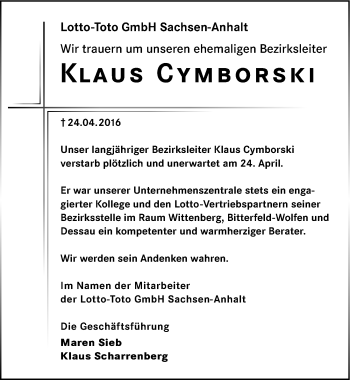 Traueranzeige von Klaus Cymborski von Mitteldeutsche Zeitung