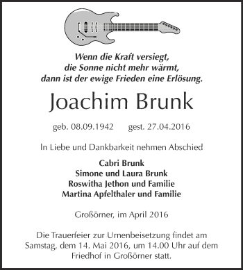 Traueranzeige von Joachim Brunk von Wochenspiegel Mansfelder Land