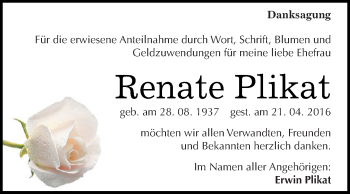 Traueranzeige von Renate Plikat von WVG - Wochenspiegel Dessau / Köthen