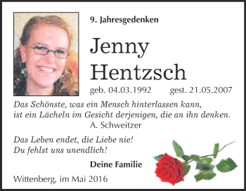 Traueranzeige von Jenny Hentzsch von Super Sonntag Wittenberg