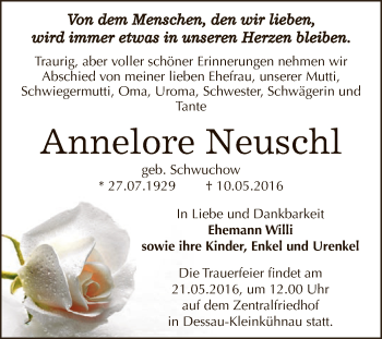 Traueranzeige von Annelore Neuschl von WVG - Wochenspiegel Dessau / Köthen