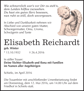 Traueranzeige von Elisabeth Reichardt von Mitteldeutsche Zeitung Quedlinburg