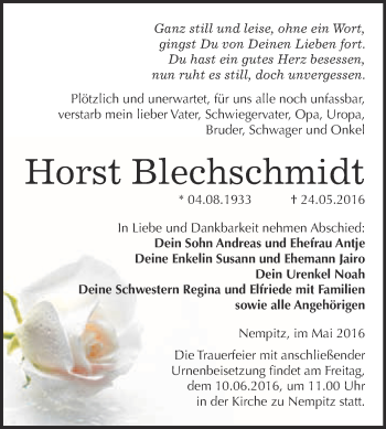 Traueranzeige von Horst Blechschmidt von Super Sonntag Merseburg