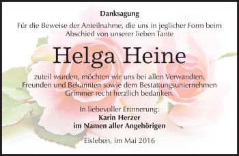 Traueranzeige von Helga Heine von Mitteldeutsche Zeitung Mansfelder Land