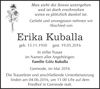 Traueranzeige von Erika Kuballa von Super Sonntag Quedlinburg