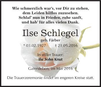 Traueranzeige von Ilse Schlegel von Mitteldeutsche Zeitung Aschersleben