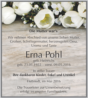 Traueranzeige von Erna Pohl von Super Sonntag SGH Mansf. Land
