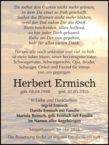 Traueranzeige von Herbert Ermisch von Super Sonntag SGH Mansf. Land