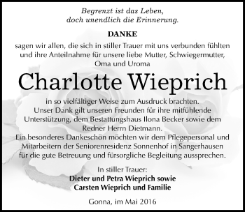 Traueranzeige von Charlotte Wieprich von Mitteldeutsche Zeitung Sangerhausen