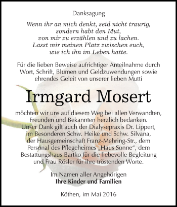 Traueranzeige von Irmgard Mosert von WVG - Wochenspiegel Dessau / Köthen