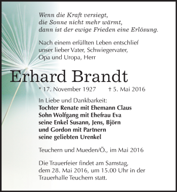 Traueranzeige von Erhard Brandt von Mitteldeutsche Zeitung Weißenfels