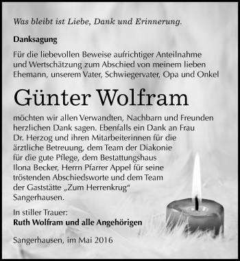 Traueranzeige von Günter Wolfram von Mitteldeutsche Zeitung Sangerhausen