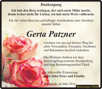 Traueranzeige von Gerta Patzner von Mitteldeutsche Zeitung Quedlinburg