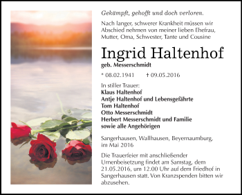 Traueranzeige von Ingrid Haltenhof von WVG - Wochenspiegel SGH