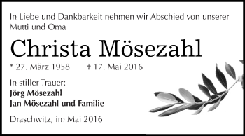 Traueranzeige von Christa Mösezahl von Super Sonntag Zeitz