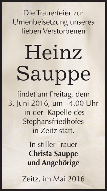 Traueranzeige von Heinz Sauppe von Mitteldeutsche Zeitung Zeitz