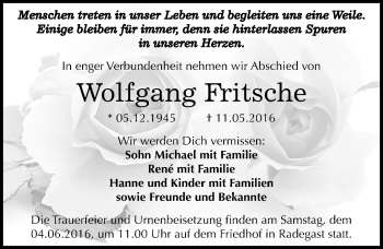 Traueranzeige von Wolfgang Fritsche von Mitteldeutsche Zeitung Köthen