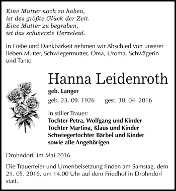 Traueranzeige von Hanna Leidenroth von Mitteldeutsche Zeitung Aschersleben
