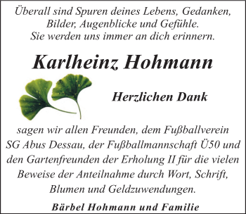 Traueranzeige von Karlheinz Hohmann von Mitteldeutsche Zeitung Dessau-Roßlau