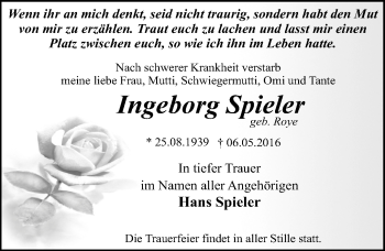 Traueranzeige von Ingeborg Spieler von Mitteldeutsche Zeitung Dessau-Roßlau