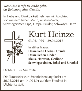 Traueranzeige von Kurt Heinze von WVG - Wochenspiegel NMB / WSF / ZTZ