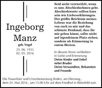 Traueranzeige von Ingeborg Manz von Mitteldeutsche Zeitung Bitterfeld