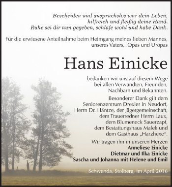 Traueranzeige von Hans-Eberhard Einicke von Mitteldeutsche Zeitung Sangerhausen