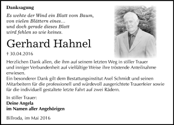 Traueranzeige von Gerhard Hahnel von Mitteldeutsche Zeitung Naumburg/Nebra