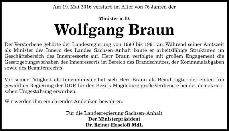  Traueranzeige für Wolfgang Braun vom 28.05.2016 aus Mitteldeutsche Zeitung