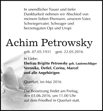 Traueranzeige von Achim Petrowsky von Mitteldeutsche Zeitung Merseburg/Querfurt