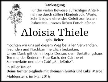 Traueranzeige von Aloisia Thiele von Mitteldeutsche Zeitung Bitterfeld