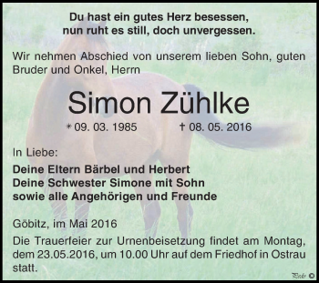 Traueranzeige von Simon Zühlke von Super Sonntag Zeitz