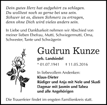 Traueranzeige von Gudrun Kunze von Mitteldeutsche Zeitung Dessau-Roßlau