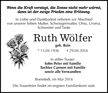 Traueranzeige von Ruth Wölfer von Mitteldeutsche Zeitung Mansfelder Land
