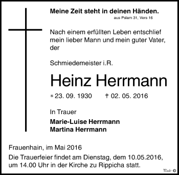 Traueranzeige von Heinz Herrmann von Mitteldeutsche Zeitung Zeitz