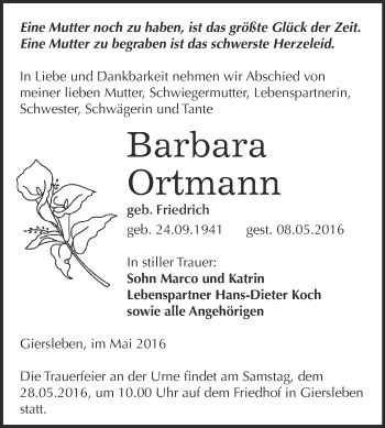 Traueranzeige von Barbara Ortmann von Super Sonntag Aschersleben