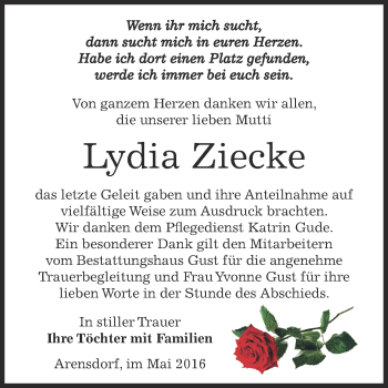 Traueranzeige von Lydia Ziecke von WVG - Wochenspiegel Dessau / Köthen