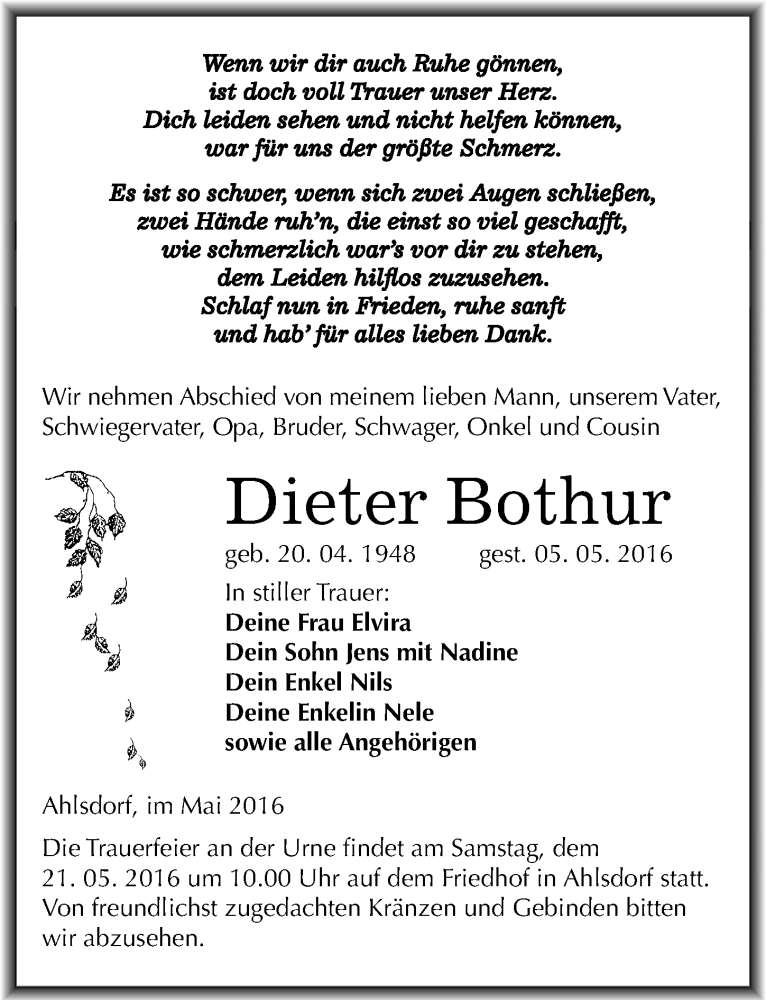  Traueranzeige für Dieter Bothur vom 14.05.2016 aus Mitteldeutsche Zeitung Mansfelder Land