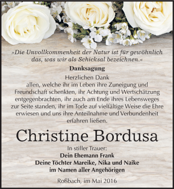 Traueranzeige von Christine Bordusa von Mitteldeutsche Zeitung Merseburg/Querfurt