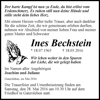 Traueranzeige von Ines Bechstein von Super Sonntag Aschersleben