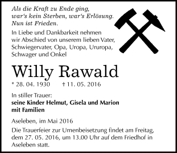 Traueranzeige von Willy Rawald von Mitteldeutsche Zeitung Mansfelder Land