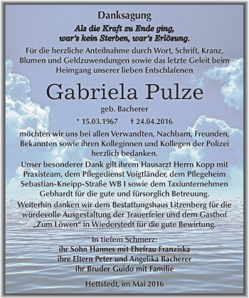 Traueranzeige von Gabriela Pulze von Mitteldeutsche Zeitung Mansfelder Land