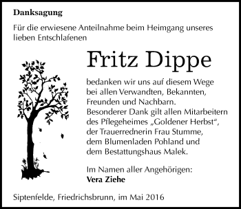 Traueranzeige von Fritz Dippe von Mitteldeutsche Zeitung Quedlinburg