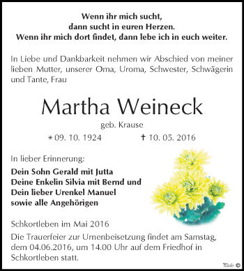 Traueranzeige von Martha Weineck von WVG - Wochenspiegel NMB / WSF / ZTZ