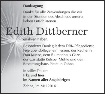 Traueranzeige von Edith Dittberner von Super Sonntag Wittenberg