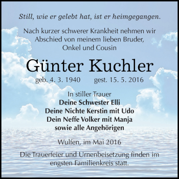 Traueranzeige von Günter Kuchler von WVG - Wochenspiegel Dessau / Köthen