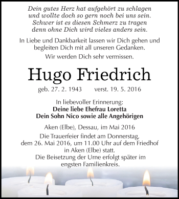 Traueranzeige von Hugo Friedrich von WVG - Wochenspiegel Dessau / Köthen